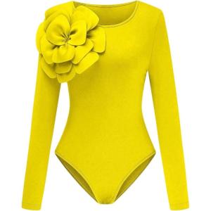 imageOYOANGLE Womens 3D Floral Long Sleeve Bodysuit Crew Neck Slimming Tshirt BodysuitsYellow