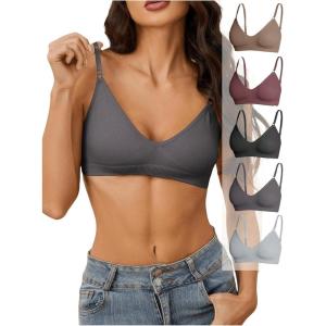imageOYOANGLE Womens 5 Pieces Rib Knit Spaghetti Strap V Neck Wireless Bra Set Seamless Solid Plain No Padded BraletteBlack and Grey