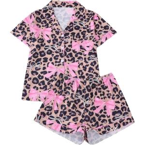 imageOYOANGLE Womens Bow Leopard Print Pajama Set Cheetah Button Down Shirt and Shorts Pjs Summer SleepwearBrown Pink