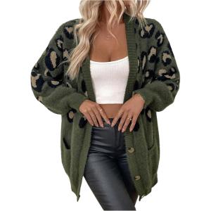 imageOYOANGLE Womens Cheetah Print Fuzzy Cardigan Sweater Leopard Button Down Draped Sweaters with PocketArmy Green
