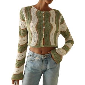 imageOYOANGLE Womens Color Block Striped Crochet Cardigan Sweater Button Up Long Sleeve Crop Knit TopsGreen and Beige