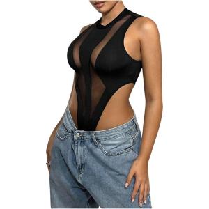 imageOYOANGLE Womens Contrast Mesh Sleeveless Tank Top Bodysuit High Cut Slim Fitted Party Club Rave Body SuitsBlack