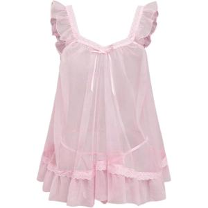 imageOYOANGLE Womens Lingerie Set 2 Piece Mesh Lace Sheer Chemise and G String Babydoll NightwearPink