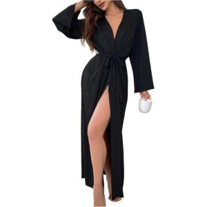 imageOYOANGLE Womens Long Robes Kimono Elegant Lightweight Knit V Neck Bathrobe Soft Sleepwear Casual Bath RobeBlack