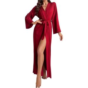 imageOYOANGLE Womens Long Robes Kimono Elegant Lightweight Knit V Neck Bathrobe Soft Sleepwear Casual Bath RobeRed