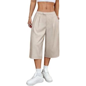 imageOYOANGLE Womens Pleated Bermuda Shorts Low Waisted Loose Wide Leg Dressy Shorts with PocketApricot