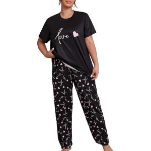 imageOYOANGLE Womens Plus Size 2 Piece Pajama Set Short Sleeve Shirt with Long Pajama PantBlack Print