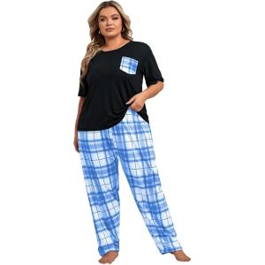 imageOYOANGLE Womens Plus Size 2 Piece Pajama Set Short Sleeve Shirt with Long Pajama PantBlack and Blue