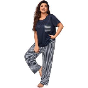 imageOYOANGLE Womens Plus Size 2 Piece Pajama Set Short Sleeve Shirt with Long Pajama PantBlue White