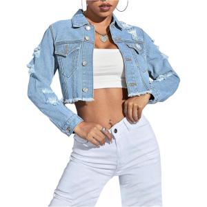 imageOYOANGLE Womens Ripped Cropped Denim Jacket Long Sleeve Distressed Raw Hem Button Up CoatsDark Wash
