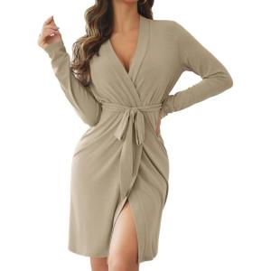 imageOYOANGLE Womens Short Robes Lightweight Knee Length Long Sleeve Spa Robe Soft Stretch Belted Kimono Sleepwear BathrobeApricot