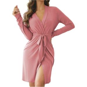 imageOYOANGLE Womens Short Robes Lightweight Knee Length Long Sleeve Spa Robe Soft Stretch Belted Kimono Sleepwear BathrobePink