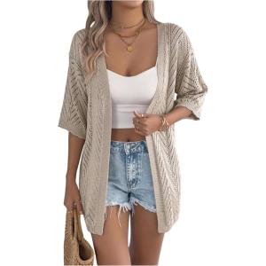imageOYOANGLE Womens Short Sleeve Crochet Cardigan Sweater Lightweight Open Front Boho Kimono OuterwearKhaki