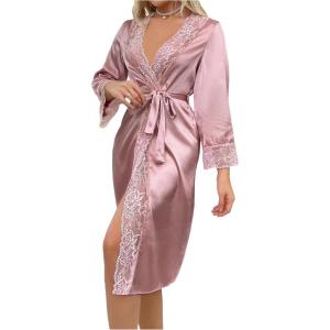 imageOYOANGLE Womens Silk Robe Long Lace Trim Satin Kimono Sleeve Sexy Soft Lightweight Vacation Sleepwear RobePink