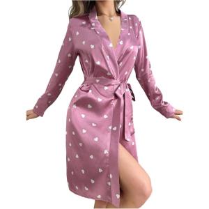 imageOYOANGLE Womens Silk Satin Cute Heart Printed Robe Long Kimono Sleeve Soft Lightweight Vacation Sleepwear BathrobeDusty Pink