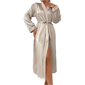 imageOYOANGLE Womens Silk Satin Robe Elegant Kimono Long Sleeve Soft Lightweight Vacation Sleepwear BathrobeChampagne
