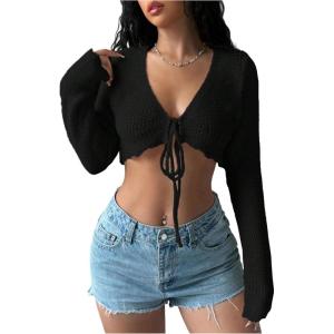 imageOYOANGLE Womens Tie Front Crop Crochet Cardigans Long Sleeve V Neck Knit ShrugsBlack