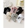 imageOYOANGLE Womens 6 Pairs Ruffle Frilly Crew Socks Breathable Bow Print Ribbed SockBlack Grey Pink