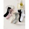 imageOYOANGLE Womens 6 Pairs Ruffle Frilly Crew Socks Breathable Bow Print Ribbed SockBlack Grey Pink