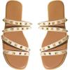 imageOYOANGLE Womens Studded Strappy Leather Slide Sandals Square Open Toe Slip on Flat SandalBeige