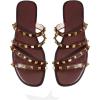 imageOYOANGLE Womens Studded Strappy Leather Slide Sandals Square Open Toe Slip on Flat SandalCoffee Brown