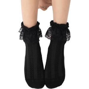 imageOYOANGLE Womens 1 Pair Lace Ruffle Frilly Crew Socks Comfortable Cute Princess Ankle SocksBlack