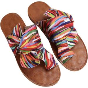imageOYOANGLE Womens Colorful Bow Knot Toe Post Slide Sandals Comfortable Open Toe Sandals Summer Beach ShoesBrown