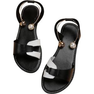 imageOYOANGLE Womens Leather Open Toe Ankle Strap Sandals Pearl Slide On Flat Slingback SandalsBlack and White