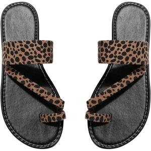 imageOYOANGLE Womens Leopard Print Toe Ring Sandals Strappy Open Toe Slip On Flat Casual Outdoor SandalsBlack