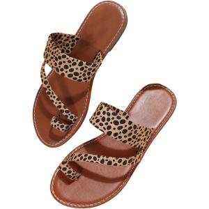 imageOYOANGLE Womens Leopard Print Toe Ring Sandals Strappy Open Toe Slip On Flat Casual Outdoor SandalsBrown