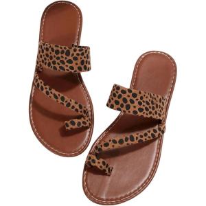 imageOYOANGLE Womens Leopard Print Toe Ring Sandals Strappy Open Toe Slip On Flat Casual Outdoor SandalsMulticolor