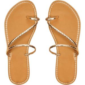 imageOYOANGLE Womens Metallic Cross Strap Toe Ring Sandals Open Toe Slip on Flat SandalGold