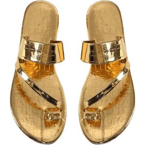 imageOYOANGLE Womens Metallic Leather Toe Ring Slide Sandals Comfortable Dressy Slip on Flat SandalGold
