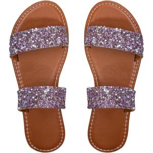 imageOYOANGLE Womens Metallic Sequin Sandals Double Straps Open Toe Slide On Flats Sparkly Outdoor SandalsPurple