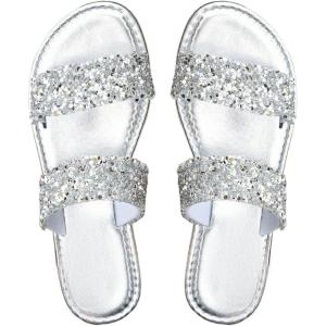 imageOYOANGLE Womens Metallic Sequin Sandals Double Straps Open Toe Slide On Flats Sparkly Outdoor SandalsSilver