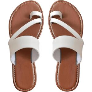 imageOYOANGLE Womens PU Leather Toe Ring Sandals Strappy Slip On Flat Casual Flip Beach Vacation FlopsWhite