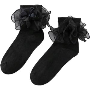 imageOYOANGLE Womens Sheer Ruffle Trim Crew Sock Bwoknot Y2K Lolita Frilly Cute Bobby SocksBlack