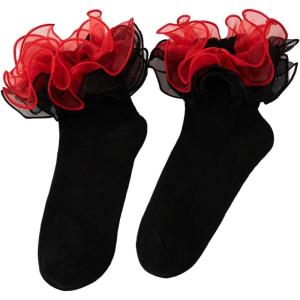 imageOYOANGLE Womens Sheer Ruffle Trim Crew Sock Comfortable Soft Y2K Lolita Frilly SocksBlack Red