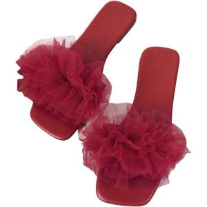 imageOYOANGLE Womens Square Open Toe Slide Sandals Sheer Ruffle Dressy Slip on Flat SandalBurgundy