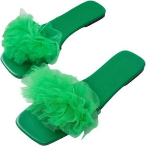 imageOYOANGLE Womens Square Open Toe Slide Sandals Sheer Ruffle Dressy Slip on Flat SandalGreen