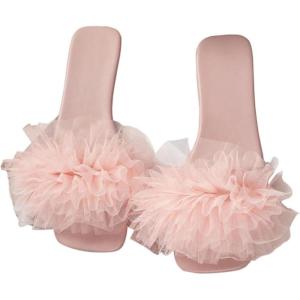 imageOYOANGLE Womens Square Open Toe Slide Sandals Sheer Ruffle Dressy Slip on Flat SandalPink