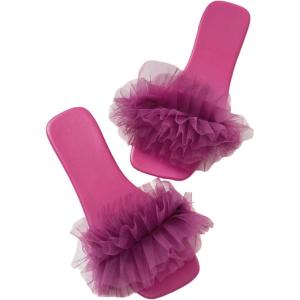 imageOYOANGLE Womens Square Open Toe Slide Sandals Sheer Ruffle Dressy Slip on Flat SandalPurple