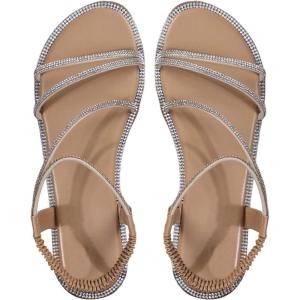 imageOYOANGLE Womens Strappy Sandals Rhinestone Sparkly Criss Cross Comfortable Elastic Ankle Strap SandalBeige