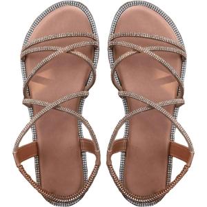 imageOYOANGLE Womens Strappy Sandals Rhinestone Sparkly Criss Cross Comfortable Elastic Ankle Strap SandalChampagne