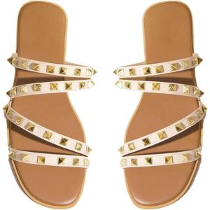 imageOYOANGLE Womens Studded Strappy Leather Slide Sandals Square Open Toe Slip on Flat SandalBeige