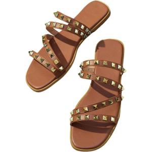 imageOYOANGLE Womens Studded Strappy Leather Slide Sandals Square Open Toe Slip on Flat SandalBrown