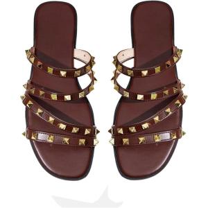 imageOYOANGLE Womens Studded Strappy Leather Slide Sandals Square Open Toe Slip on Flat SandalCoffee Brown