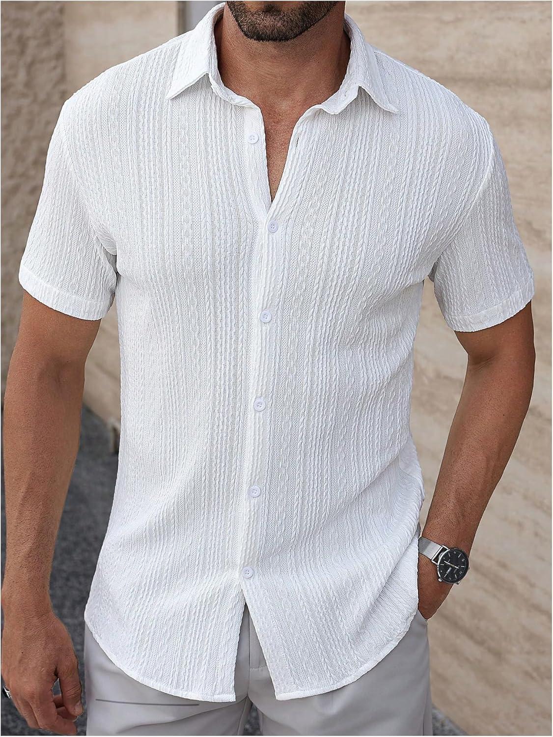 imageOYOANGLE Mens Button Down Textured Shirts Short Sleeve Summer Beach Casual Shirt TopsWhite