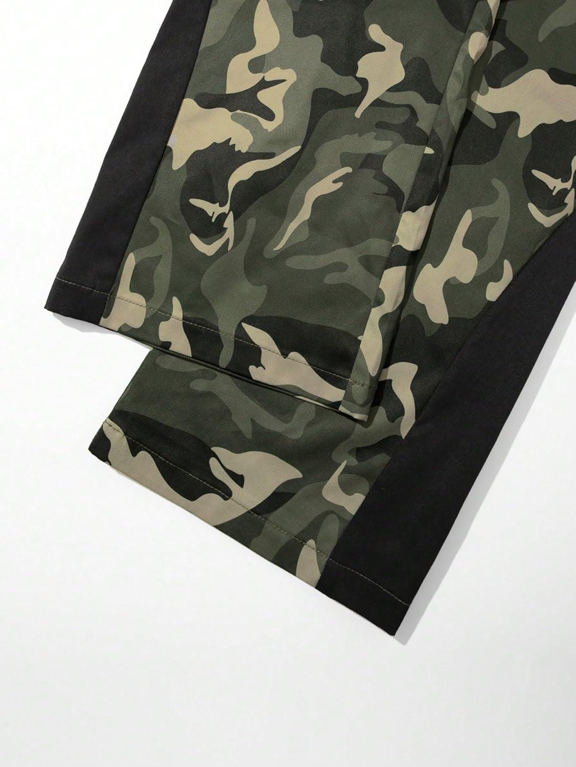 imageOYOANGLE Mens Camo Print Drawstring Waist Casual Baggy Cargo Pants Streetwear with PocketGreen