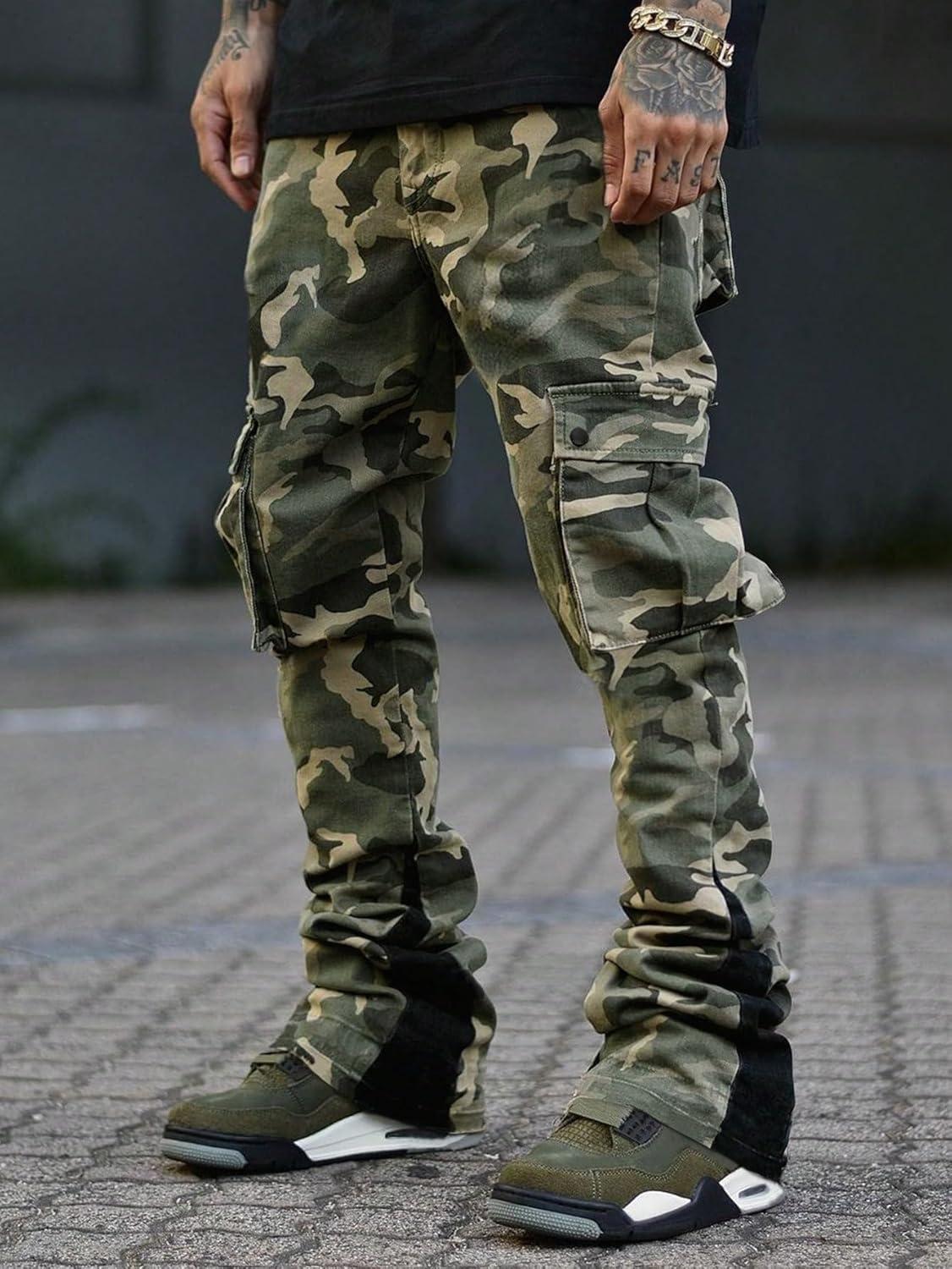 imageOYOANGLE Mens Camo Print Drawstring Waist Casual Baggy Cargo Pants Streetwear with PocketGreen